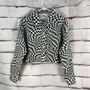 Elodie Cropped Denim Jacket SZ M Black White Check Illusion Print Pyschedelic